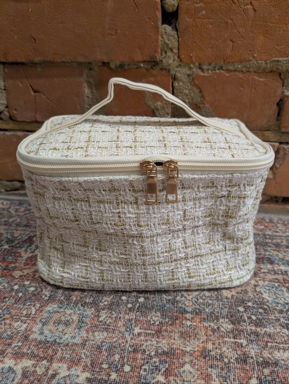 Nib! Chic Cream Gold Tweed Cosmetic Case Makeup Pouch Travel Bag